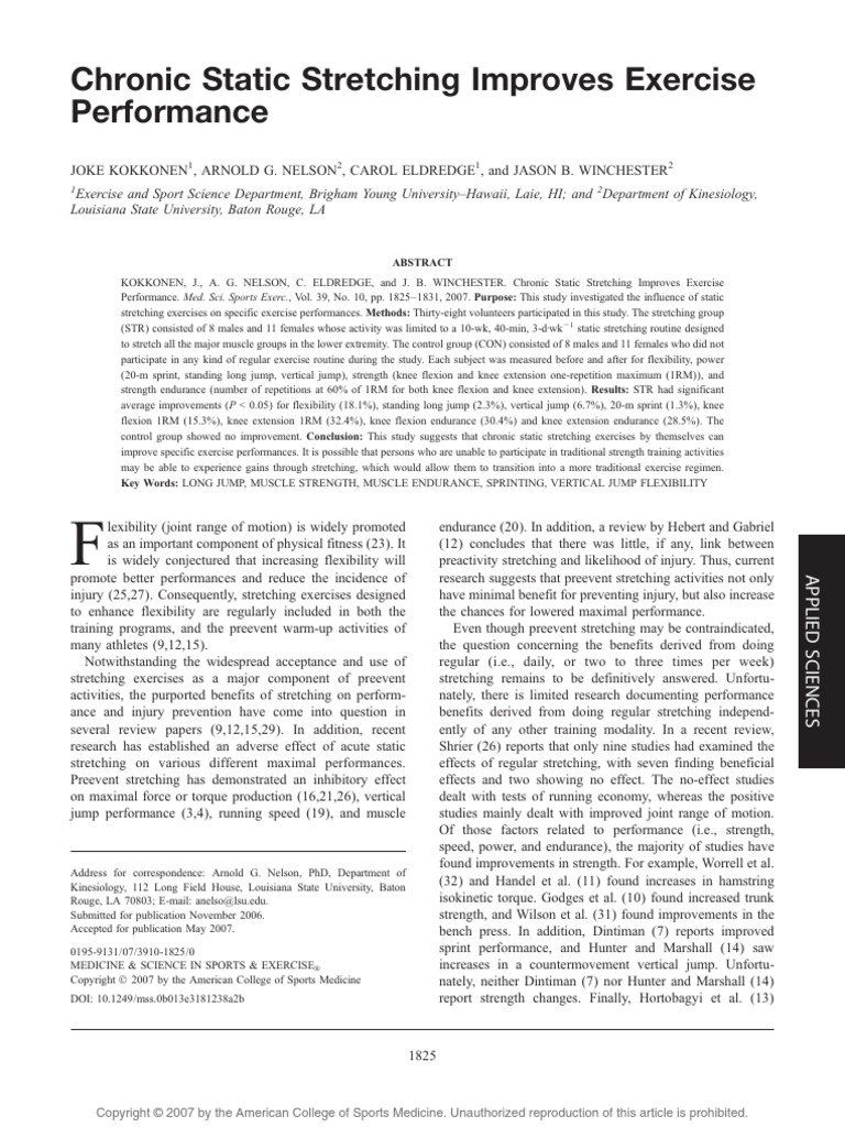 Chronic Static Stretching Improves Exercise Performance | PDF