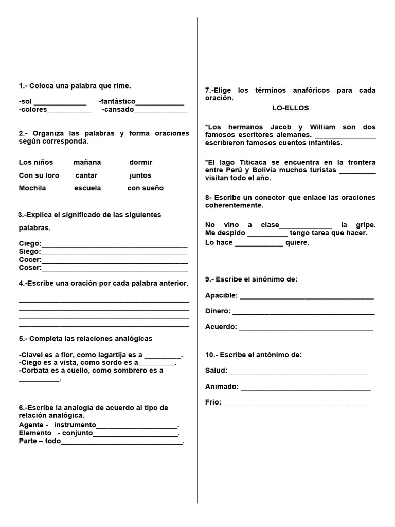 Actividades de Lenguaje y Gramática | PDF | Artes del Lenguaje y ...