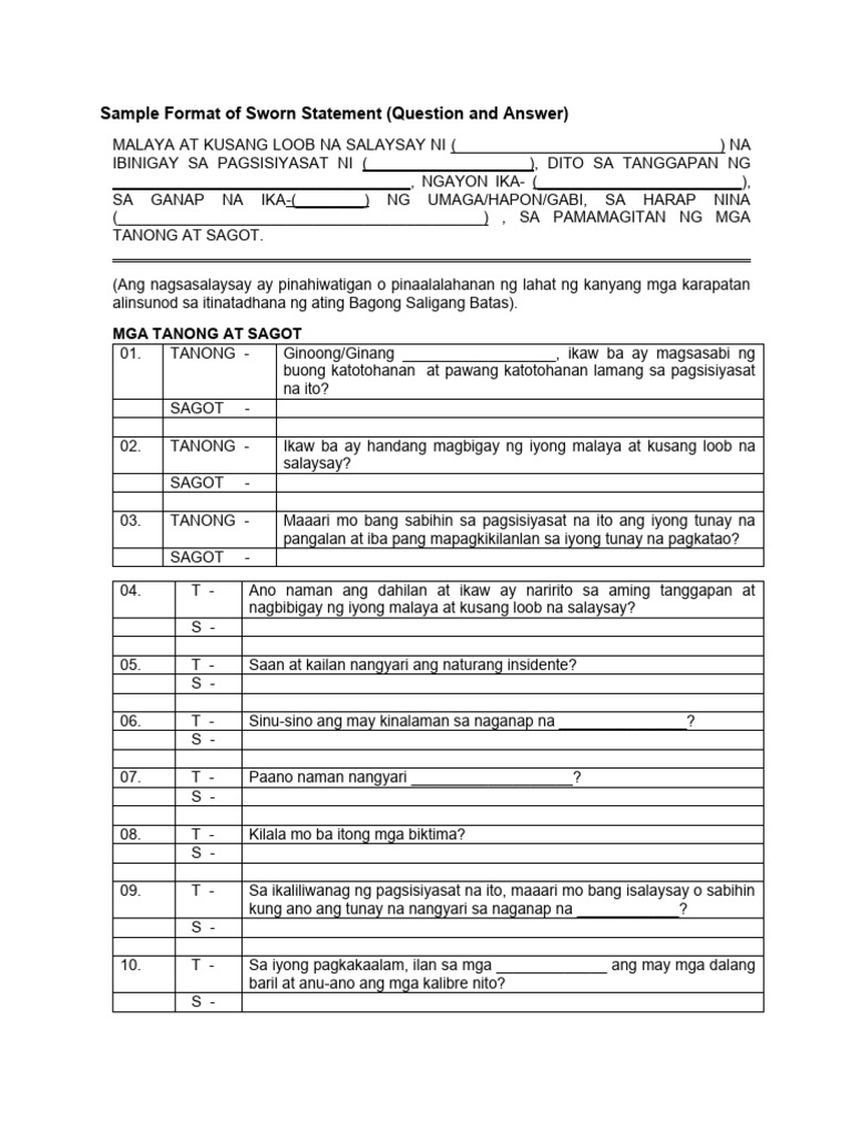 Sample format of sworn statement question and answer pdf