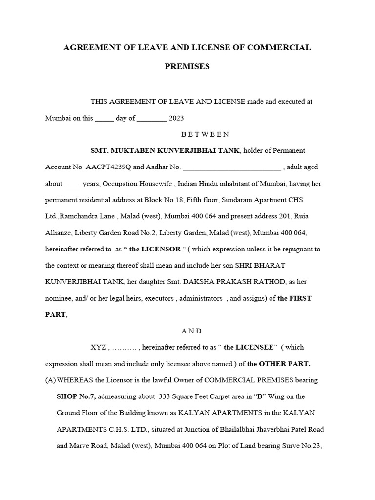 Leave and License Agreement for Commercial Premises | PDF | License | Lease