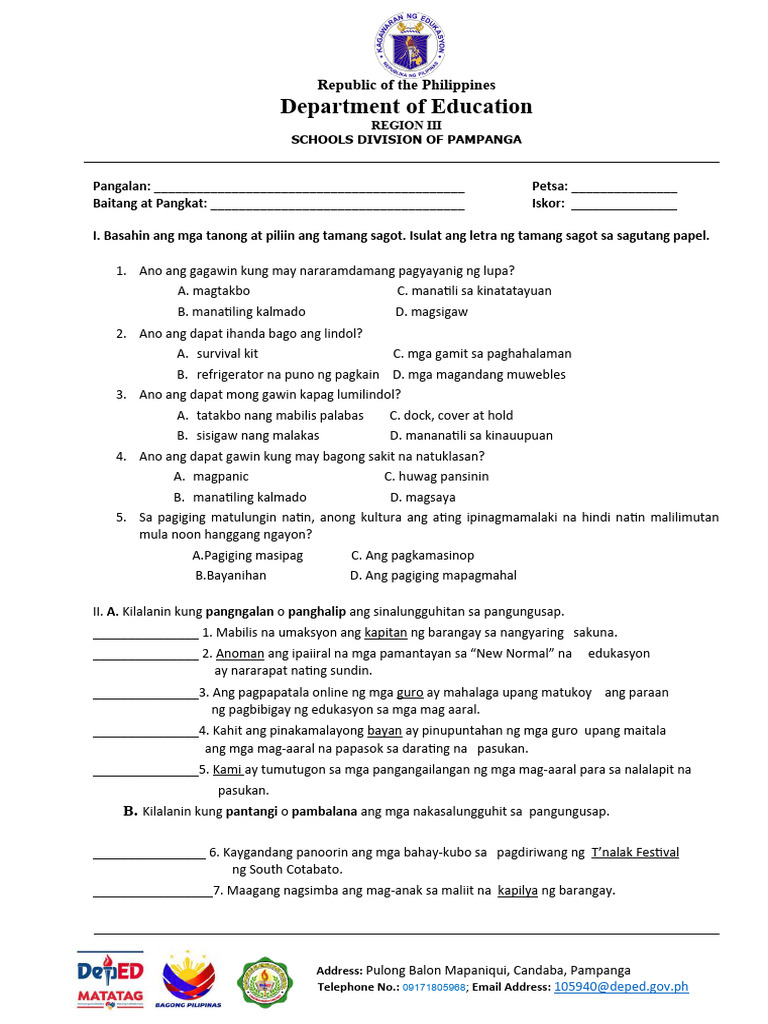 Filipino 5 Q1 Summative No.1 | PDF
