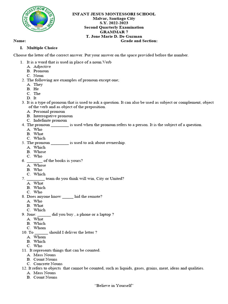 Grammar 7 Module 4 Examination PDF Pronoun Noun