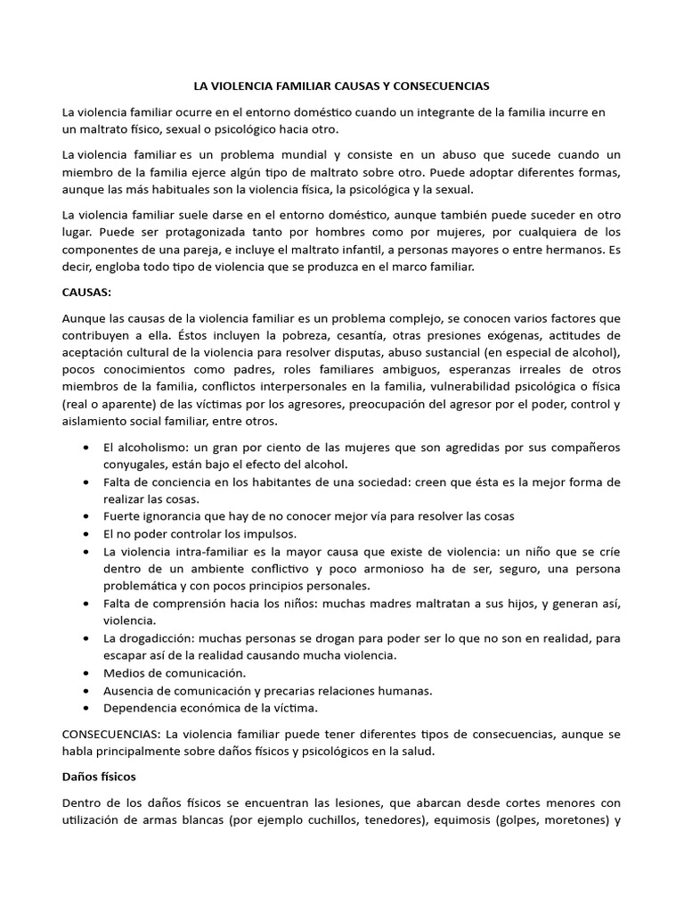 Causas y Consecuencias de la Violencia Familiar | PDF | Violencia ...