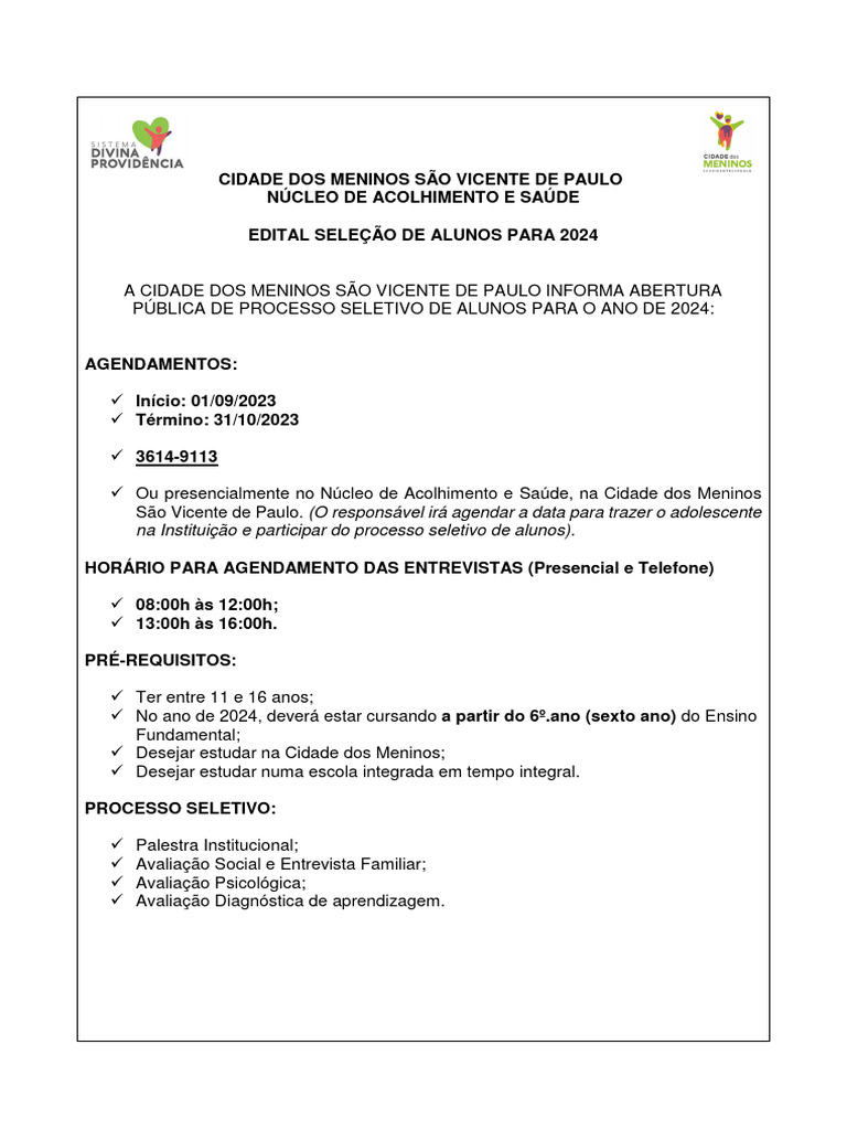 Edital Processo Seletivo 2024 PDF