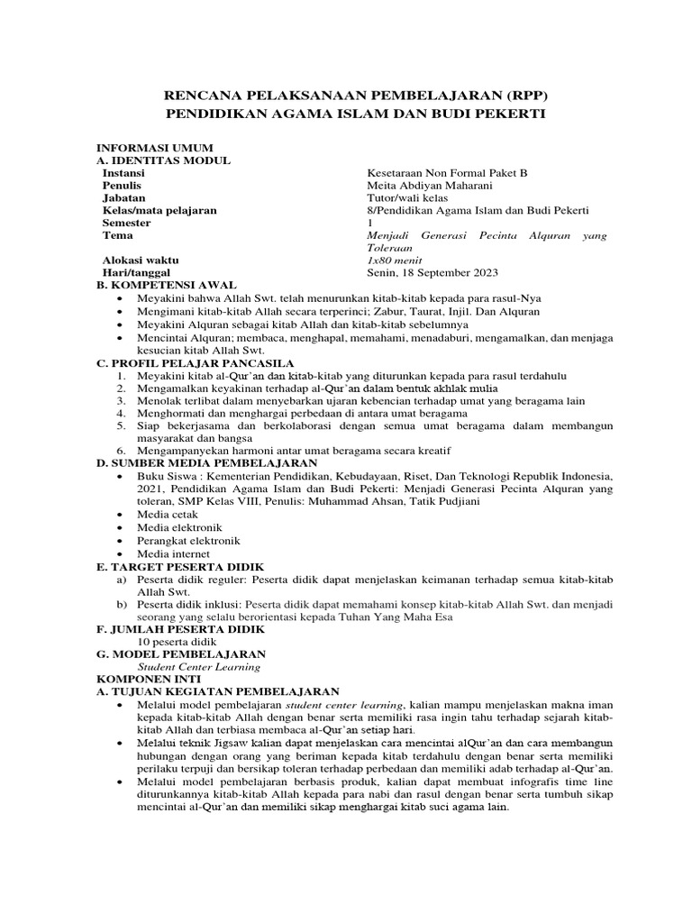 RPP Pendidikan Agama Islam Paket B | PDF | Kesehatan Holistik
