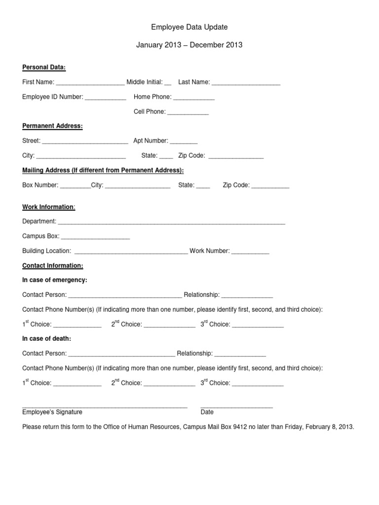 Employee Data Update Form PDF