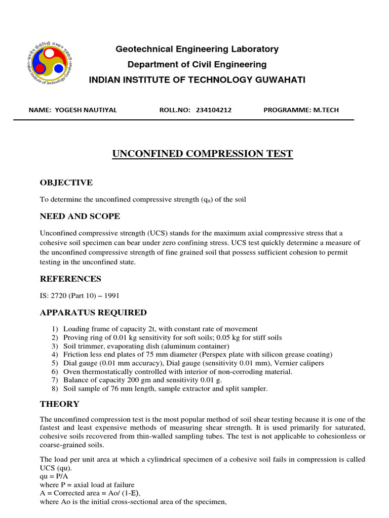 Unconfined Compression Test | PDF | Strength Of Materials | Stress ...