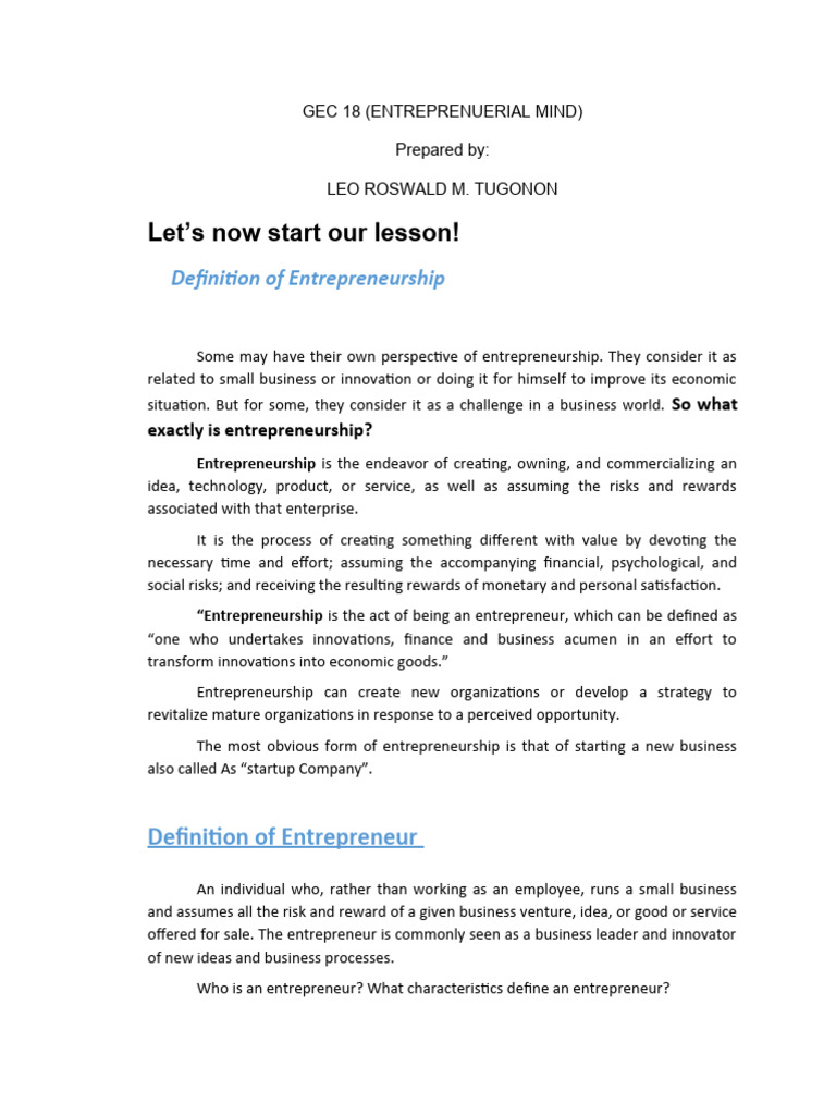 Entrep Notes Part 1 | PDF