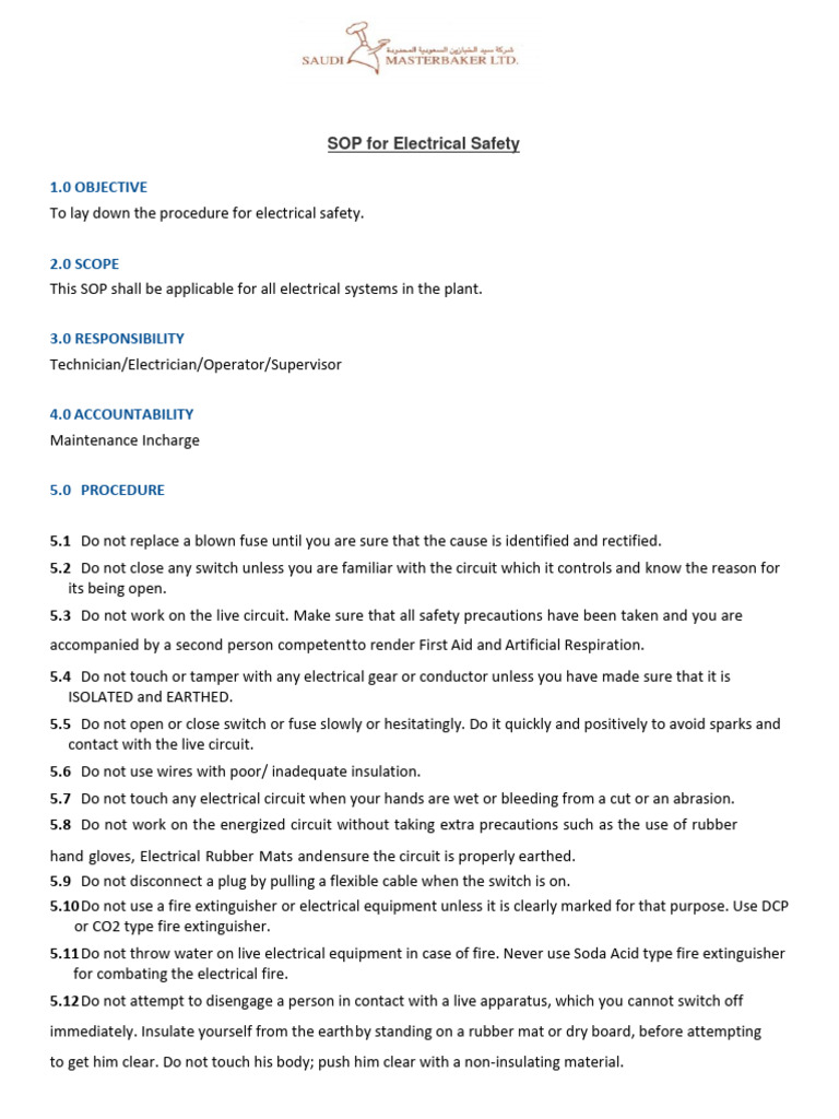1.0 Objective SOP For Electrical Safety PDF