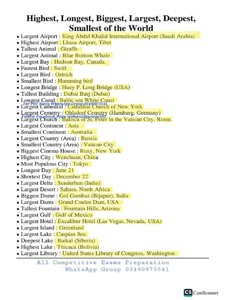 Important GK Largest, Smallest, Longest, Shortest in World PDF