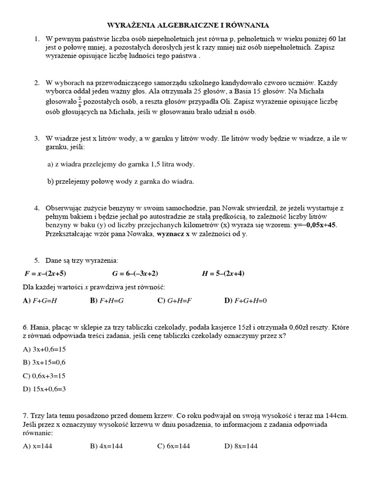 Wyrażenia Algebraiczne I Równania Klasa 8 Zadania Wyrażenia Algebraiczne I Równania Do Sprawdzianu KL8 | PDF