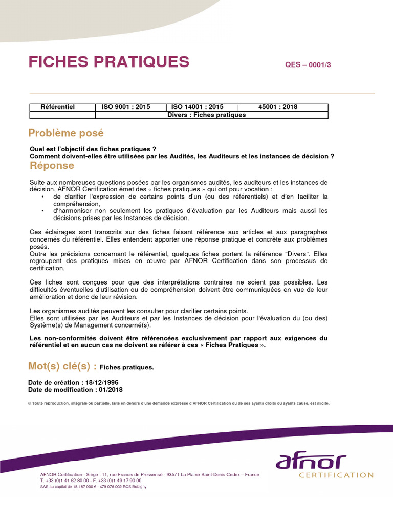 Fiches Pratiques ISO 9001:2015 AFNOR | PDF
