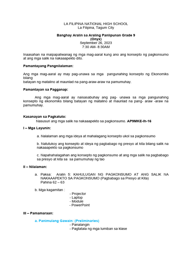 Lesson Plan Cot 1 Unang Markahan Pdf