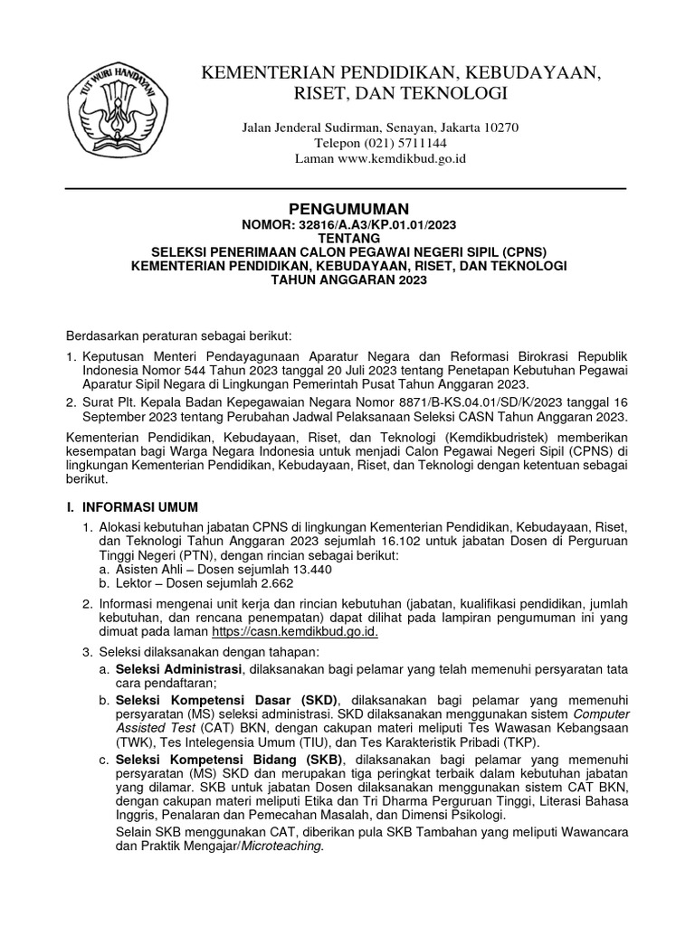 Pengumuman Seleksi CPNS 2023 Universitas Indonesia PDF