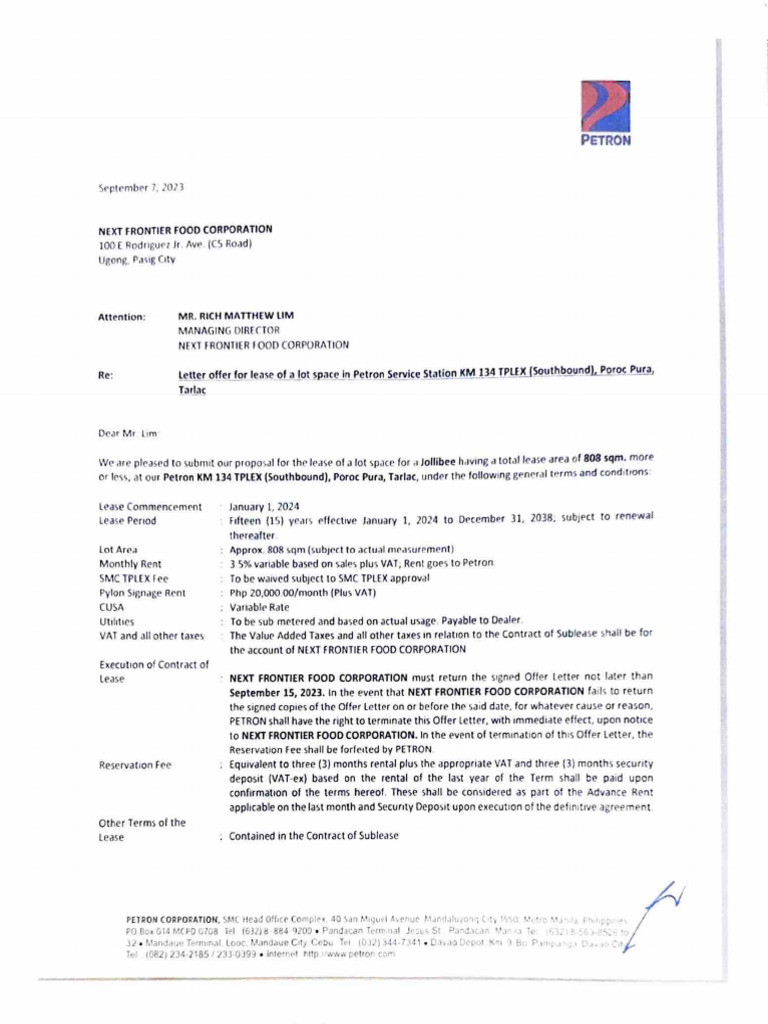 Lease Offer - Petron TPLEX SB - Richard Lim | PDF