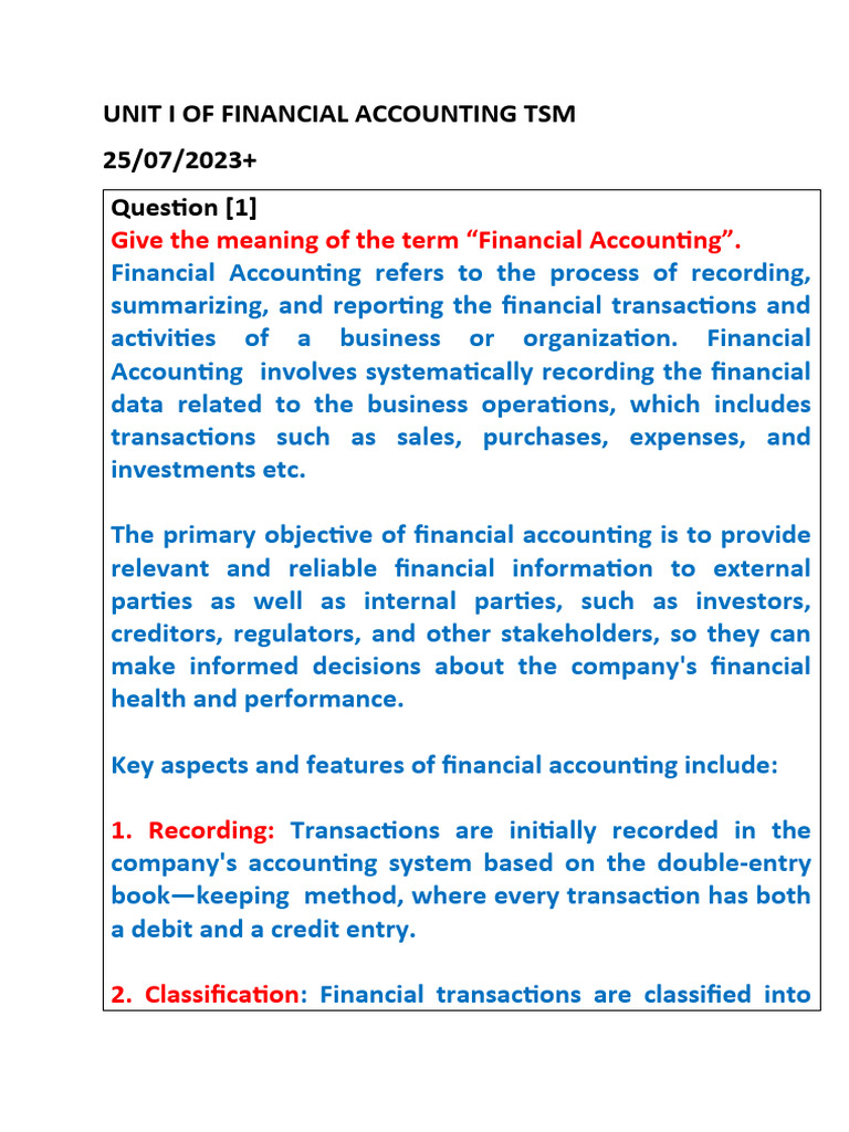 Unit i of Financial Accounting Tsm PDF