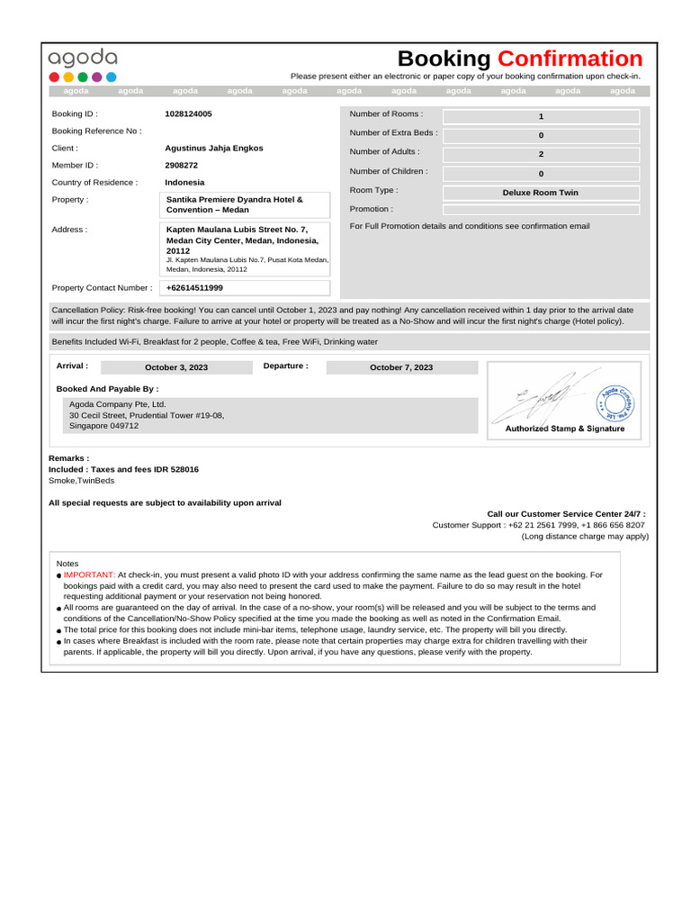 Agoda Hotel Booking Confirmation Sample | PDF | Payments | Economies