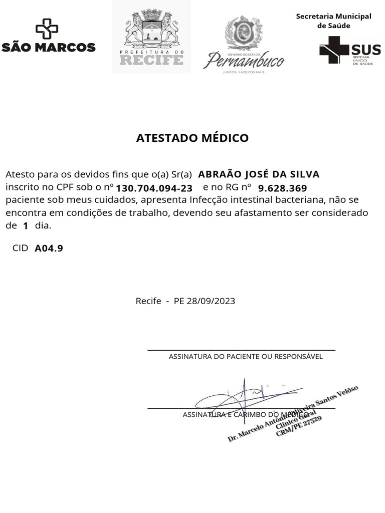 Atestado Médico: Infecção Intestinal | PDF