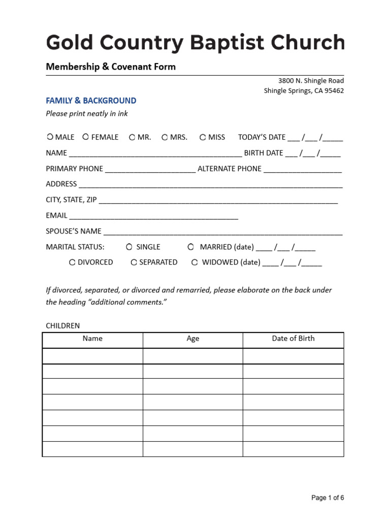 Membership & Covenant Form: Family & Background | PDF