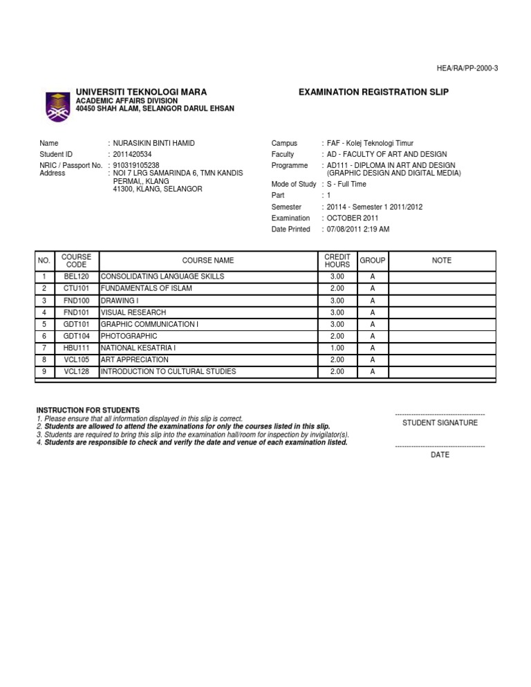 Exam Slip Uitm