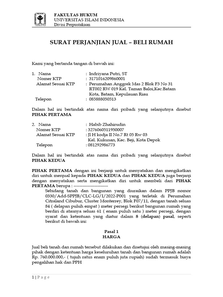 Contoh surat perjanjian jual beli | PDF
