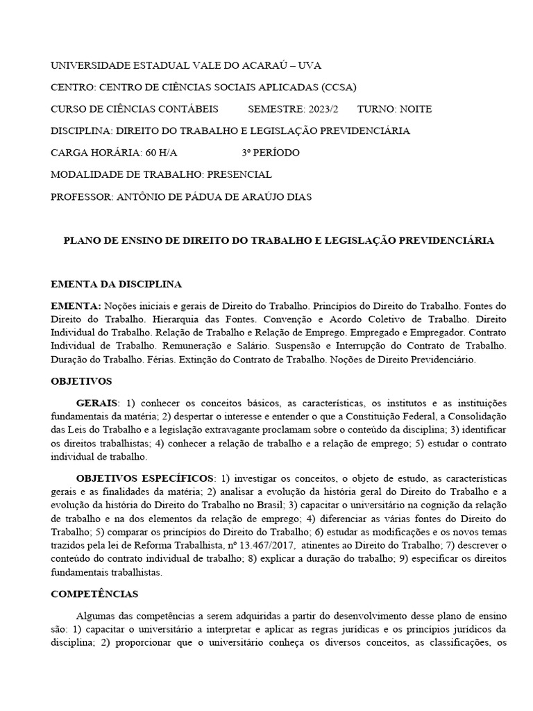 Plano de Ensino: Direito do Trabalho UVA | PDF | Carreira e Crescimento