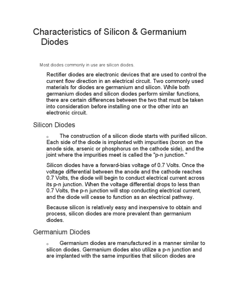 Characteristics of Silicon and Germanium PDF Diode Silicon