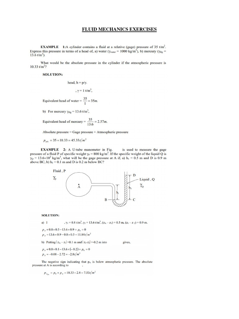Fluid Mechanics Exercises 1 PDF Force Area