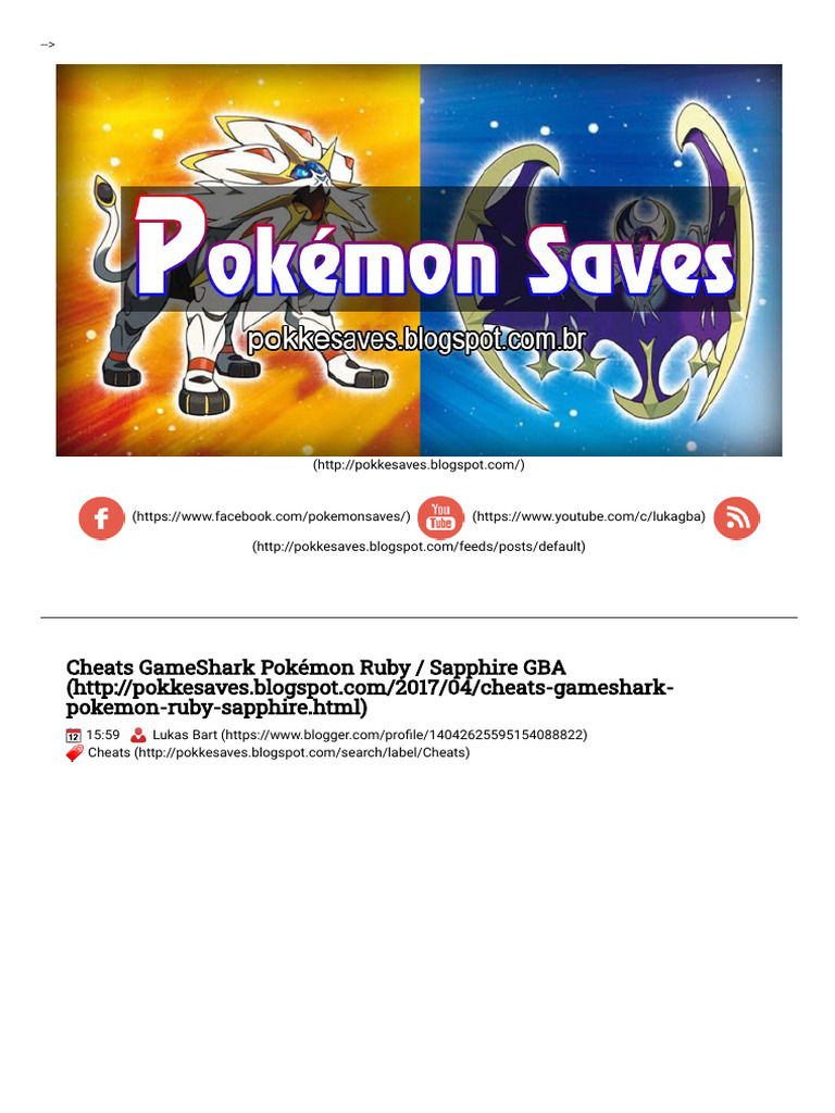 Cheats GameShark Pokémon Ruby _ Sapphire GBA Pokemon Saves PDF