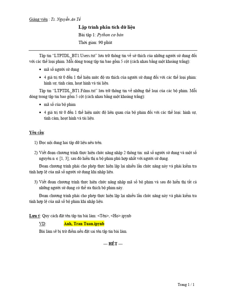 LTPTDL - BT1. Python Co Ban | PDF