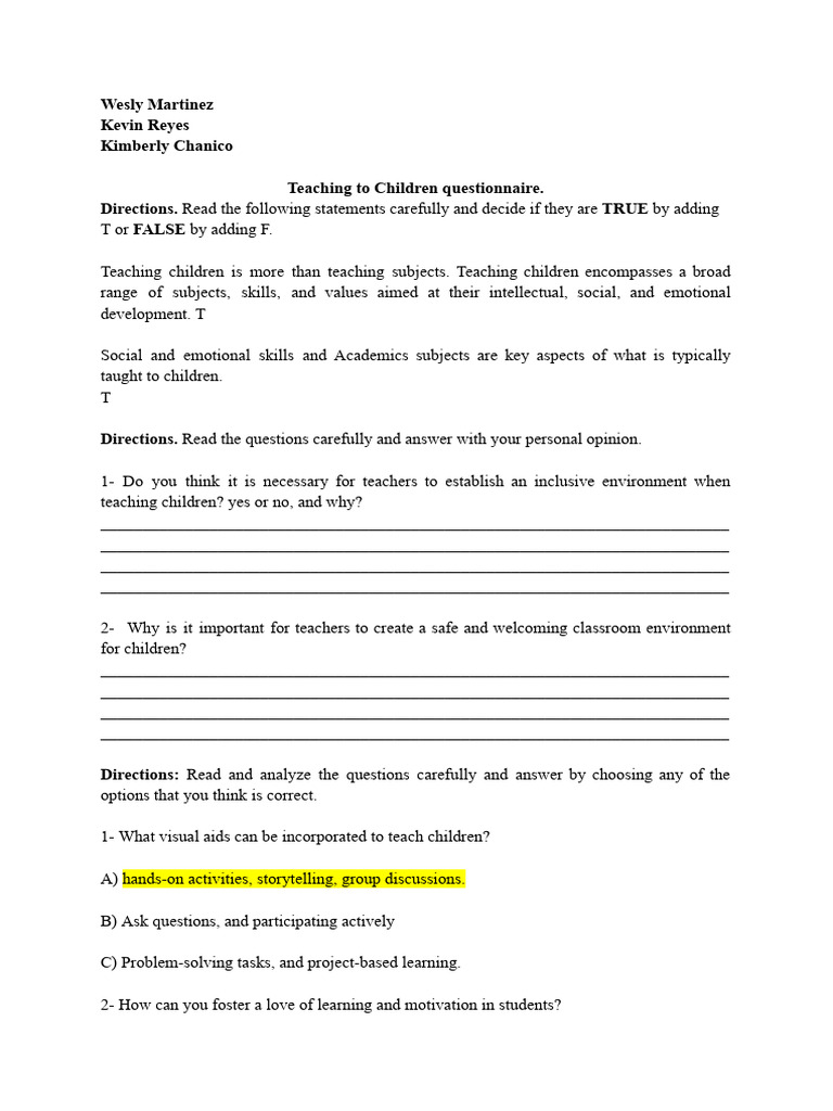 Teaching To Children Questionnaire | PDF