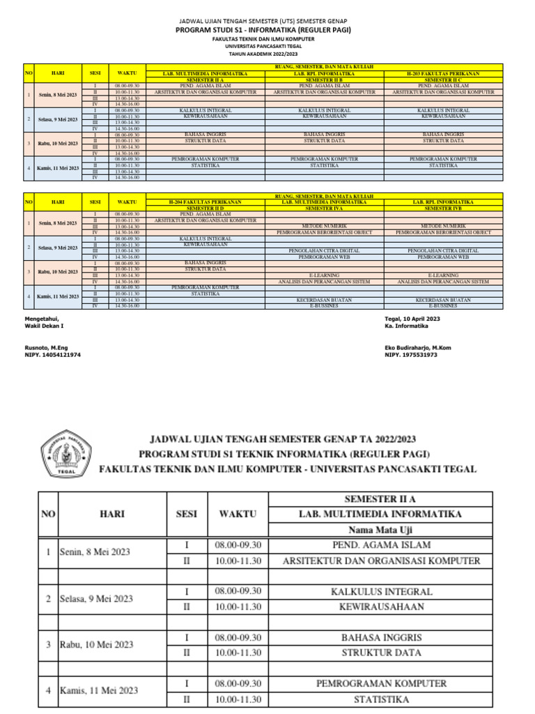 Jadwal Uts Ups Tegal Informatika Smt Genap Ta 2022 2023 Pdf