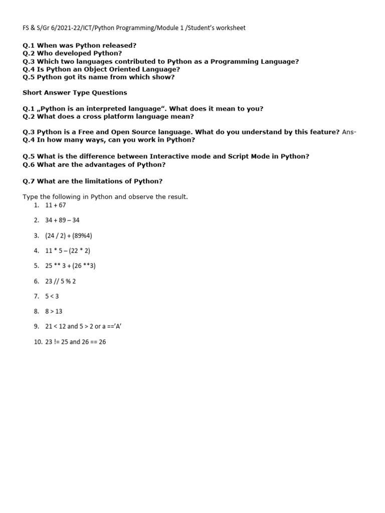 Student Worksheet Python Basics PDF