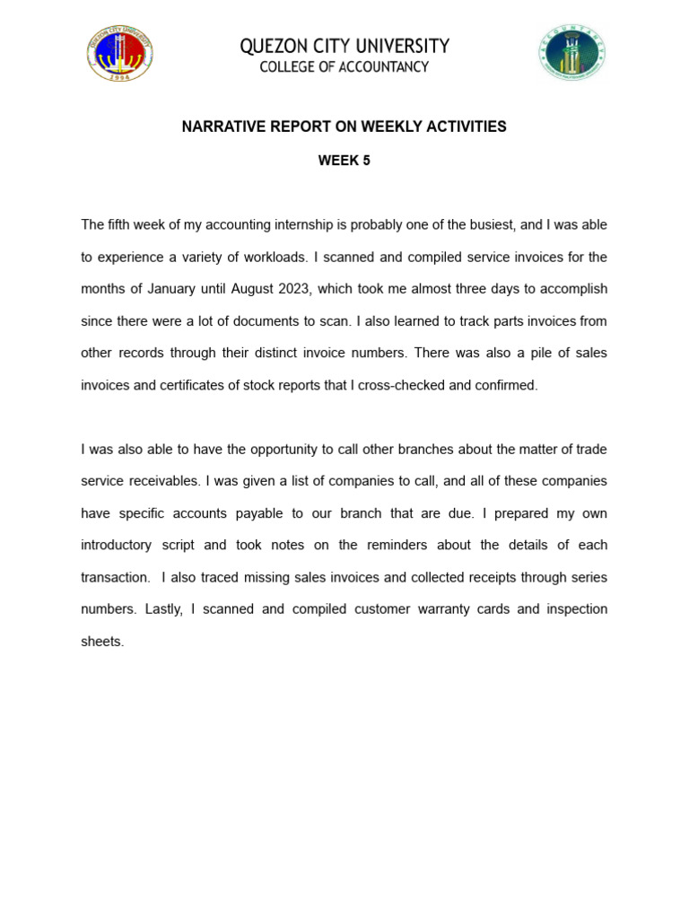 INTERNSHIP Narrative Report W5 | PDF