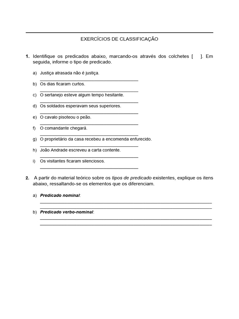 EXERCÍCIOS SOBRE TIPOS DE PREDICADO | PDF