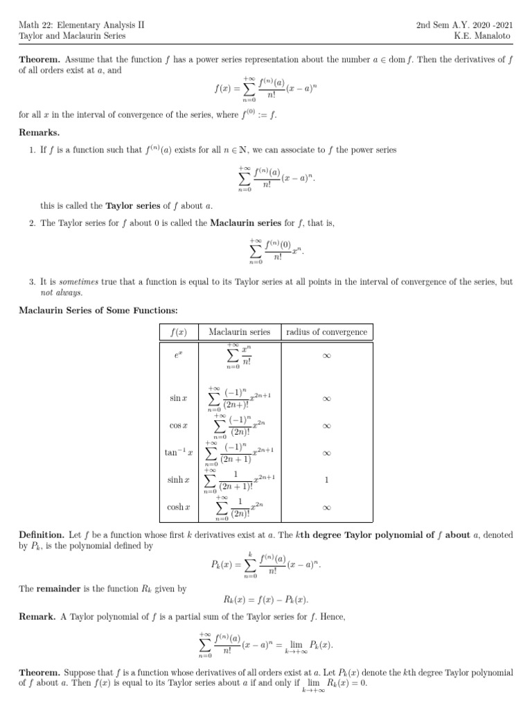 13 Taylor And Maclaurin Series Pdf Power Series Function