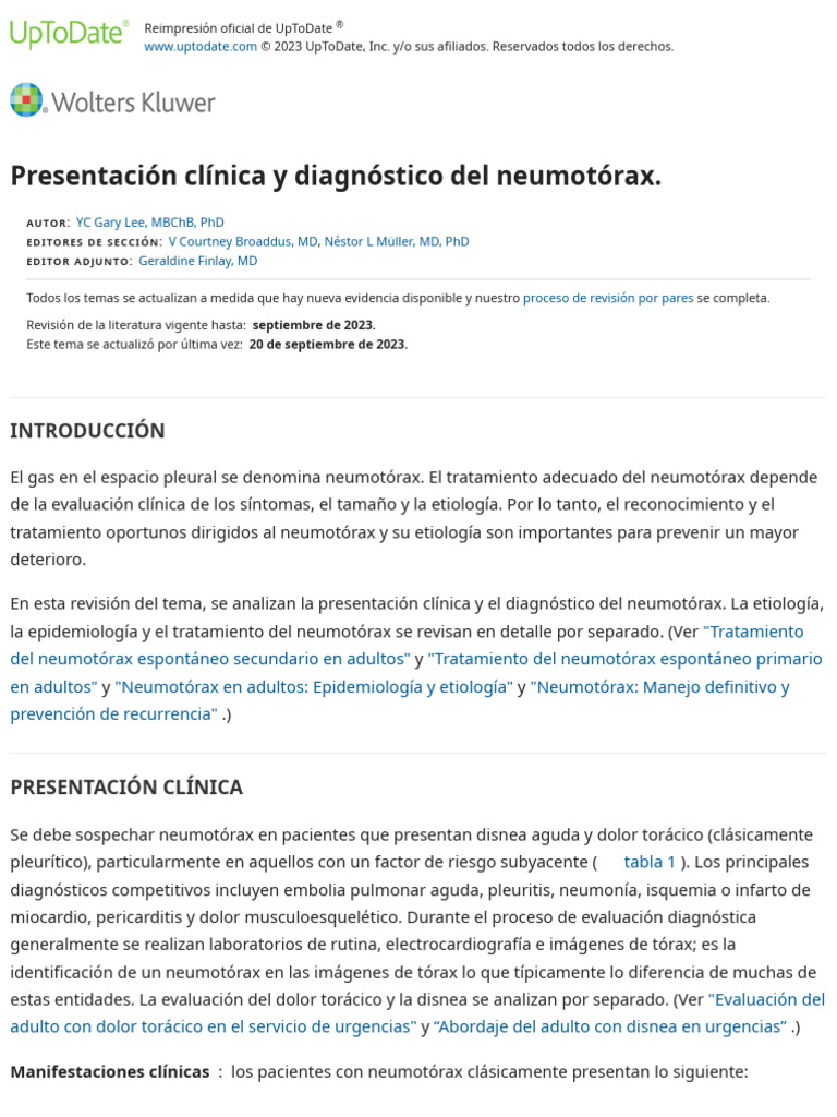 Clinical presentation and diagnosis of pneumothorax UpToDate PDF