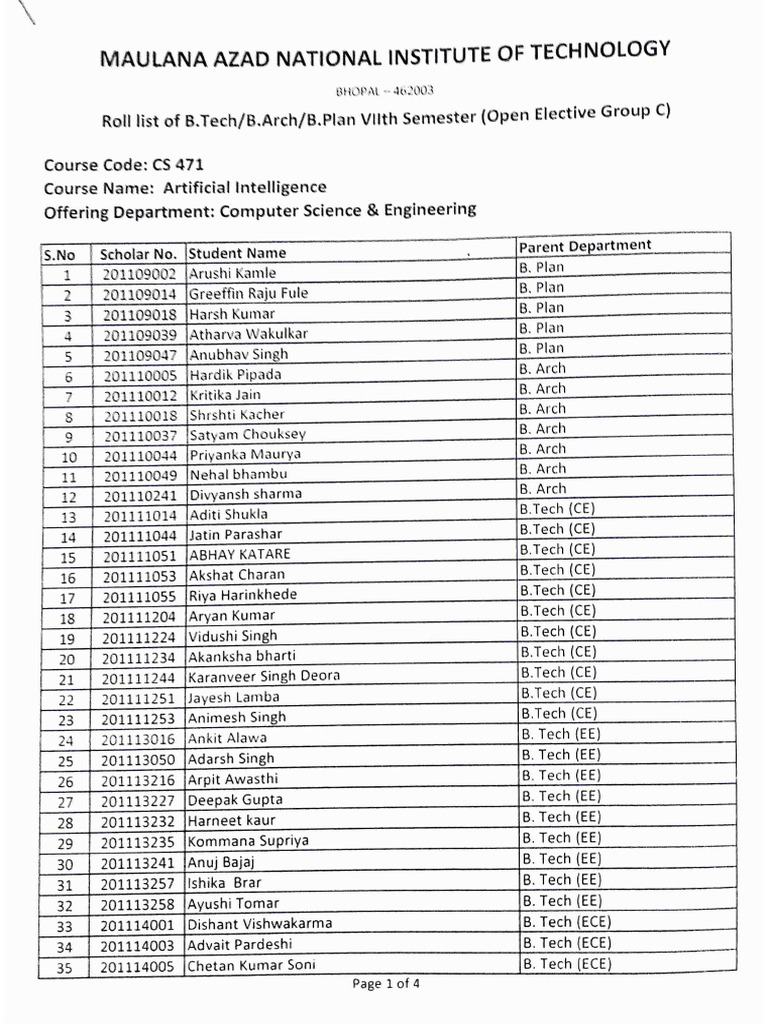 CS 471 Artificial Intelligence VII Sem Roll List of Open Elective ...