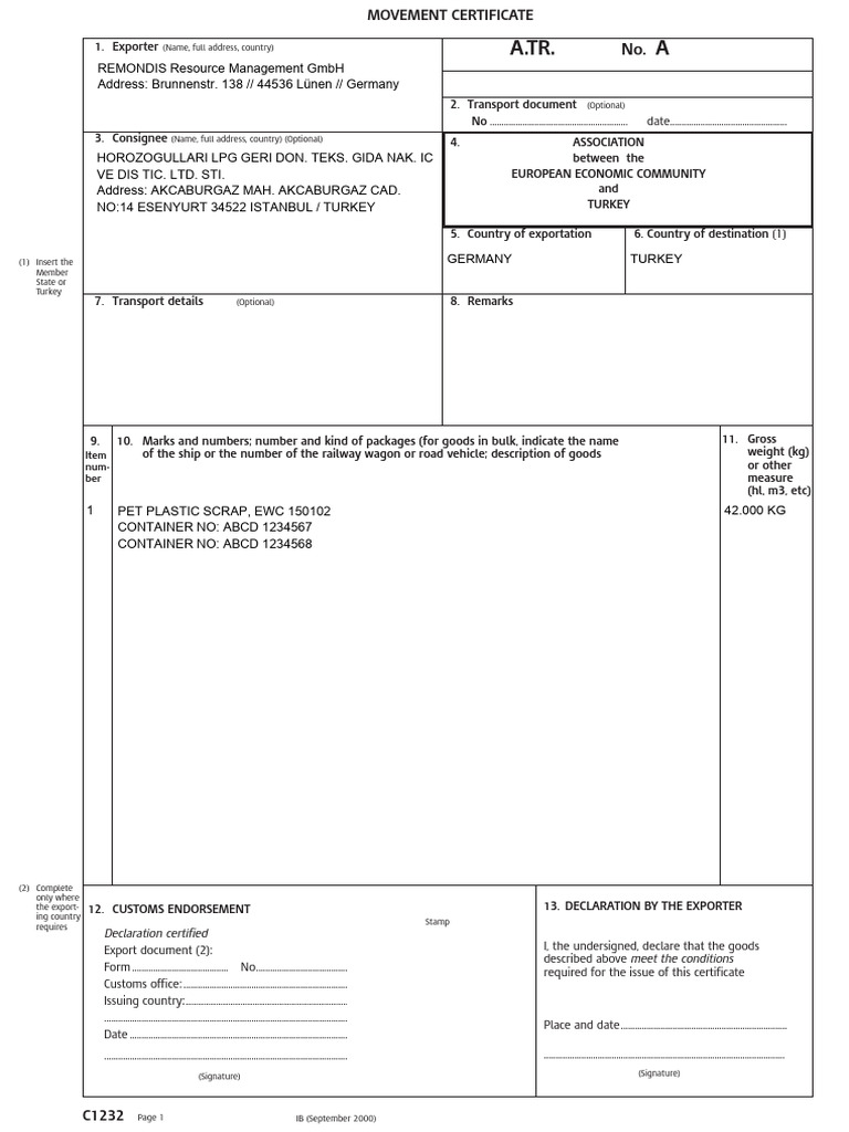 ATR Movement Certificate for Turkey | PDF