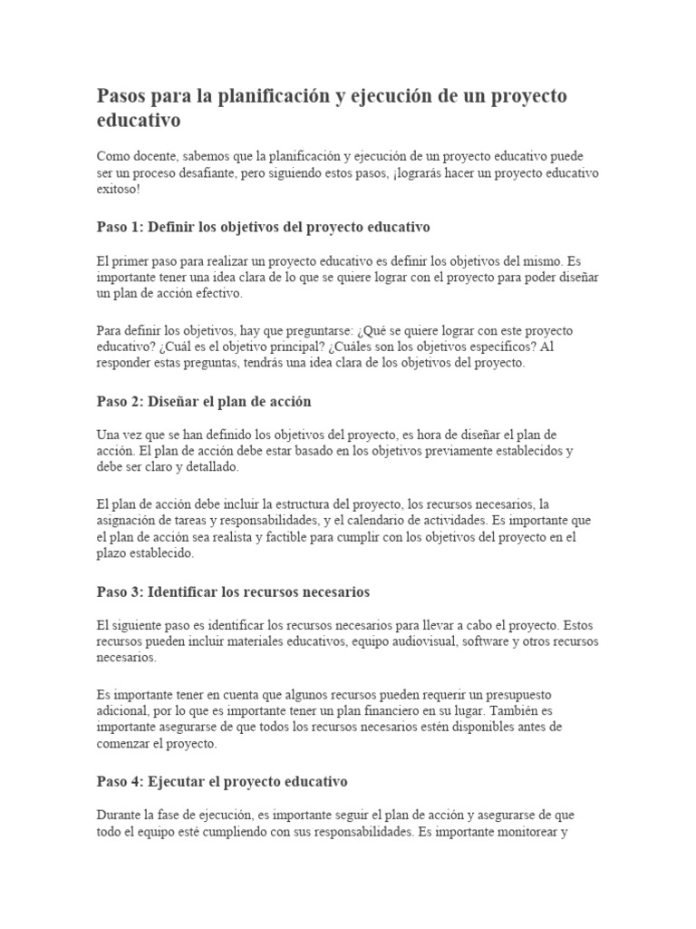 Pasos para un Proyecto Educativo Exitoso | PDF | Planificación | Evaluación