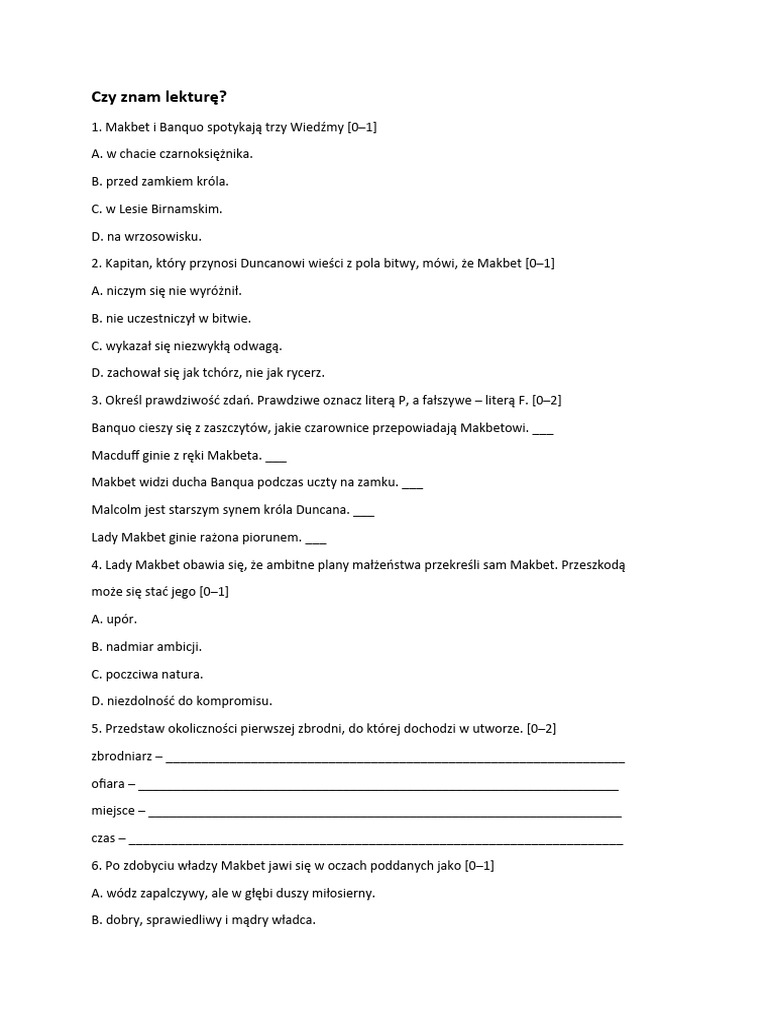 Makbet Test Znajomości Lektury. PDF