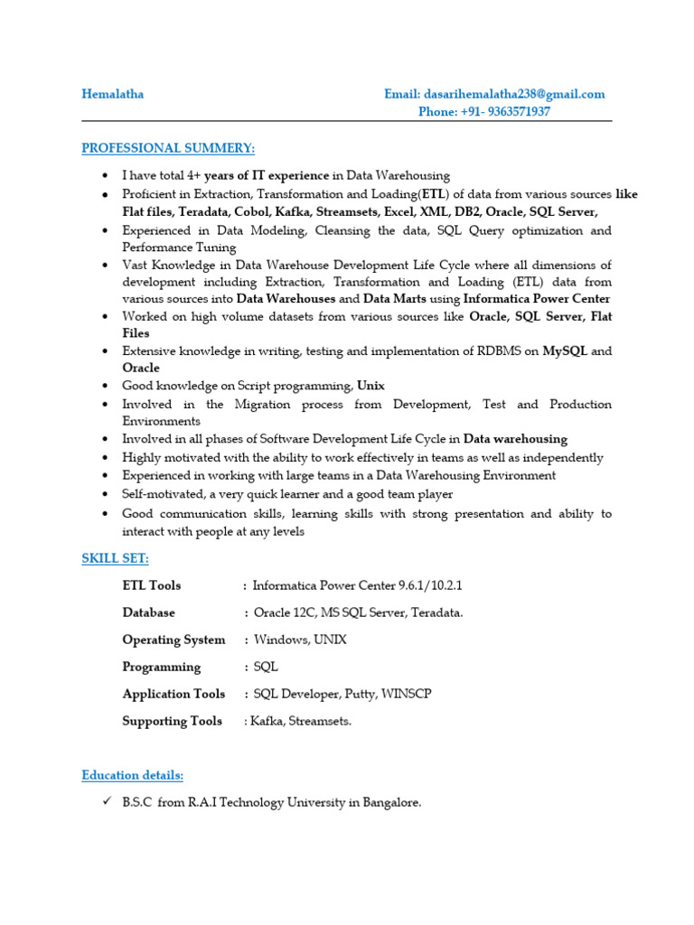 Informatica ETL Developer Profile | PDF