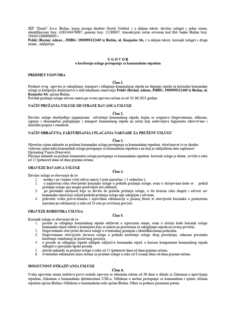 Ugovor Za Smece Fiz L | PDF