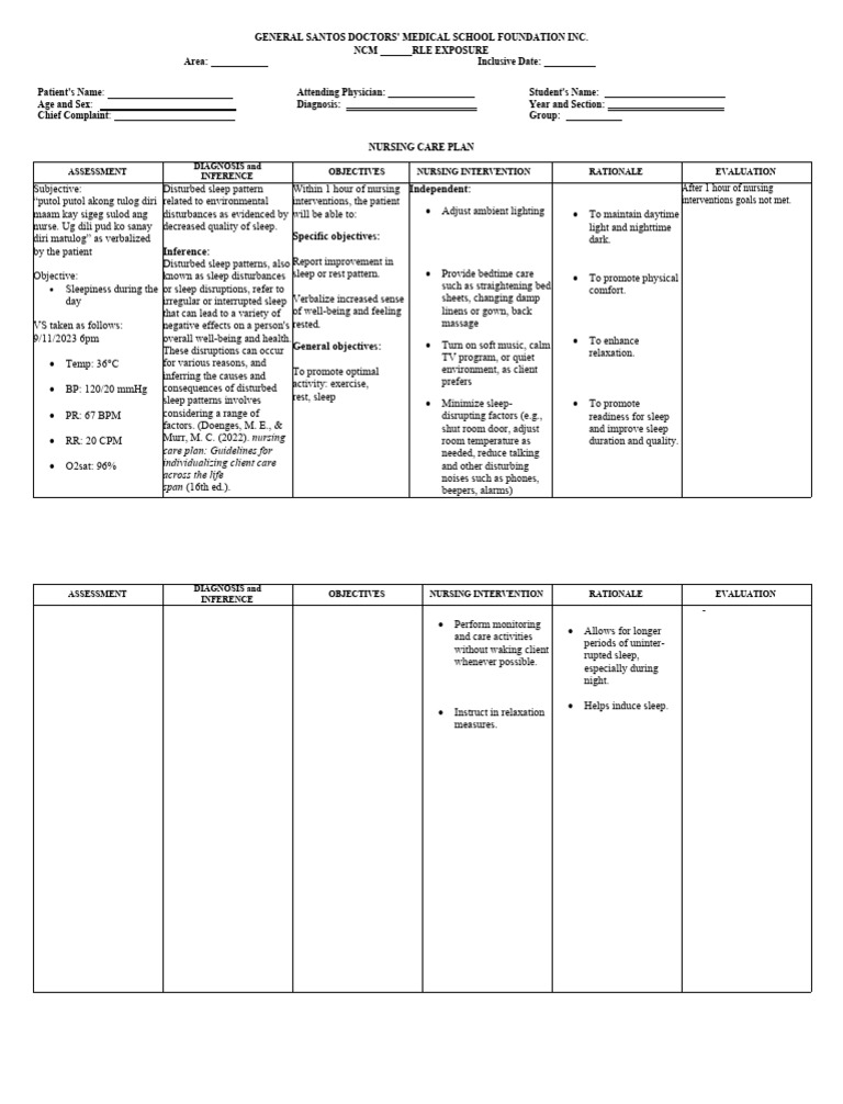 NCP Disturbed Sleep Pattern | PDF