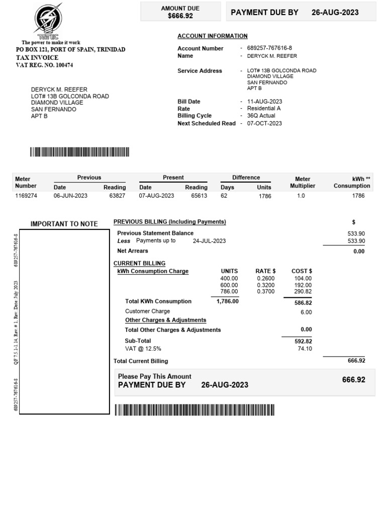 T&TEC Bill Summary and Payment Options | PDF