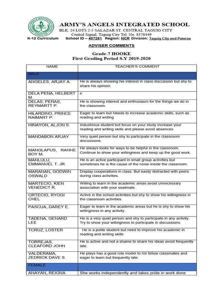Grade 7 Student Performance Comments | PDF