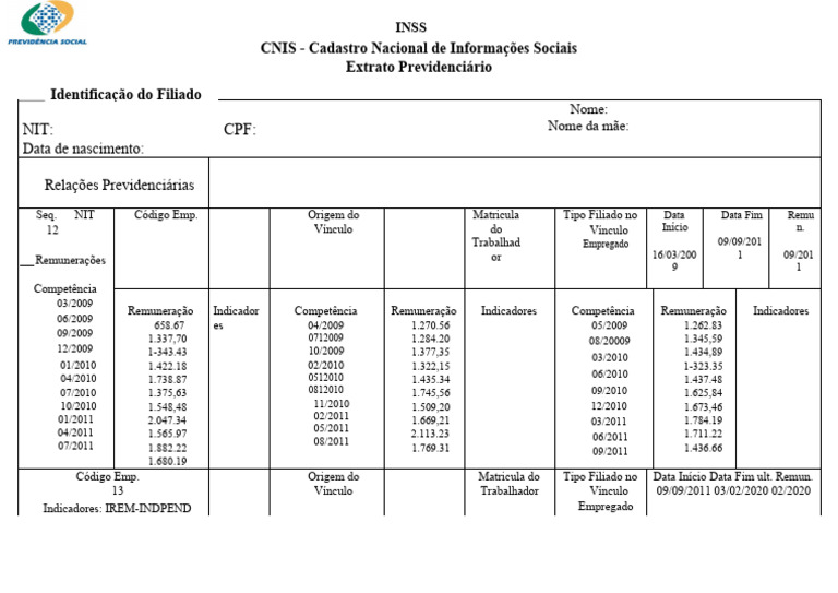CNIS - CADASTRO INSS | PDF