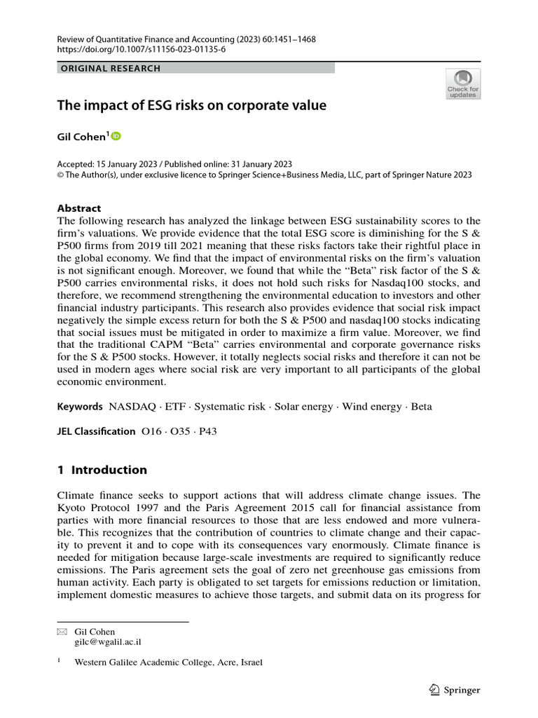 AULA 8 - COHEN, Gil. The Impact of ESG Risks On Corporate Value. Review ...