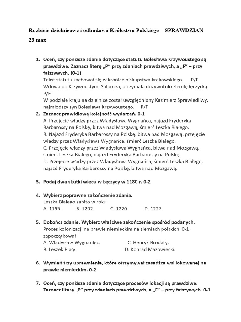 Rozbicie Dzielnicowe Notatka Rozbicie Dzielnicowe I Odbudowa Królestwa Polskiego - Sprawdzian | PDF