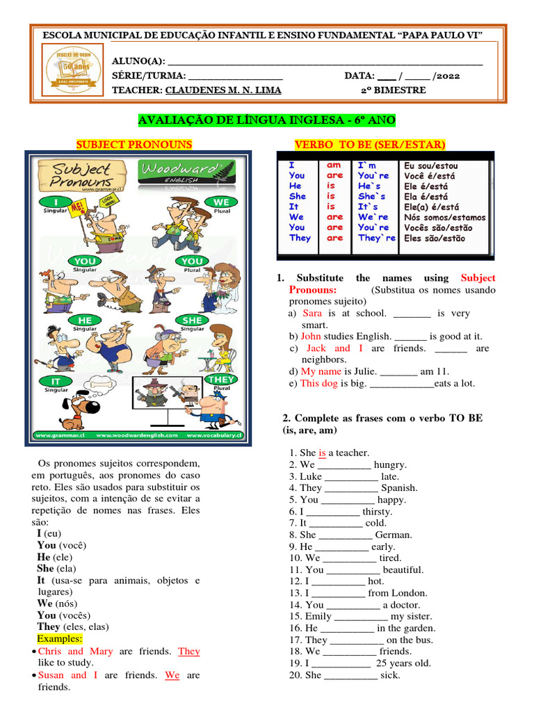 Avaliação de Inglês - 6º Ano | PDF